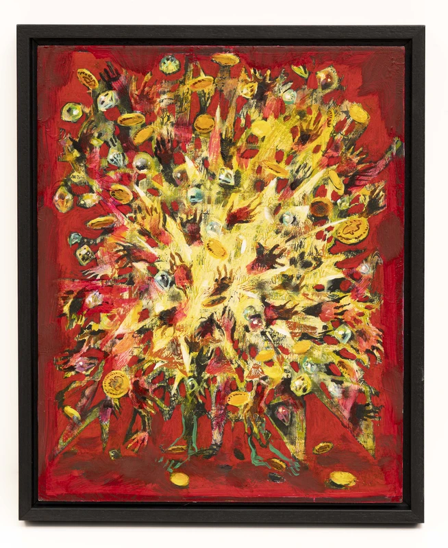 An abstract painting featuring a burst of vibrant colors, predominantly yellow and red, with scattered circular shapes that resemble flowers or fruit against a textured background. The artwork is framed in black.