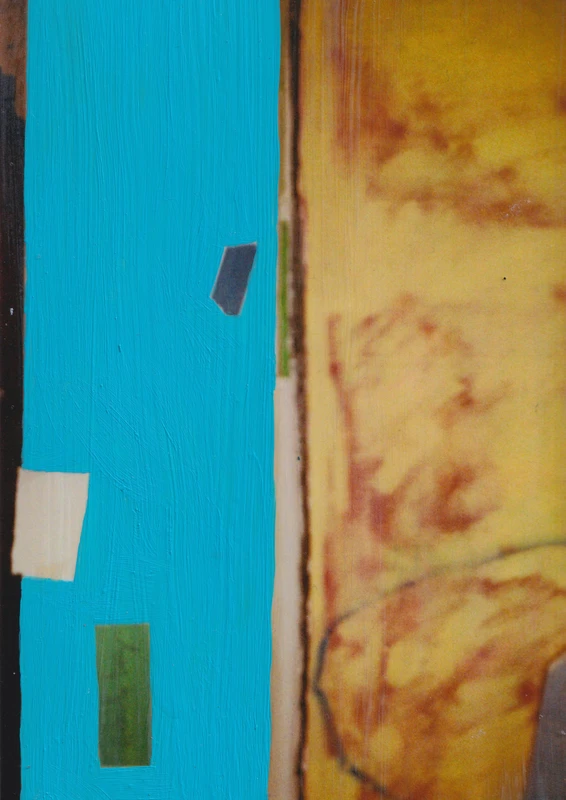 Abstract artwork featuring bold colors, including a vibrant blue section and warm yellow tones with various textured shapes.