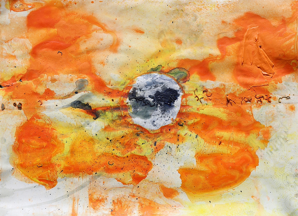 An abstract painting featuring a vibrant blend of orange and yellow hues with a central black and gray circular shape, resembling a celestial body amidst colorful bursts.