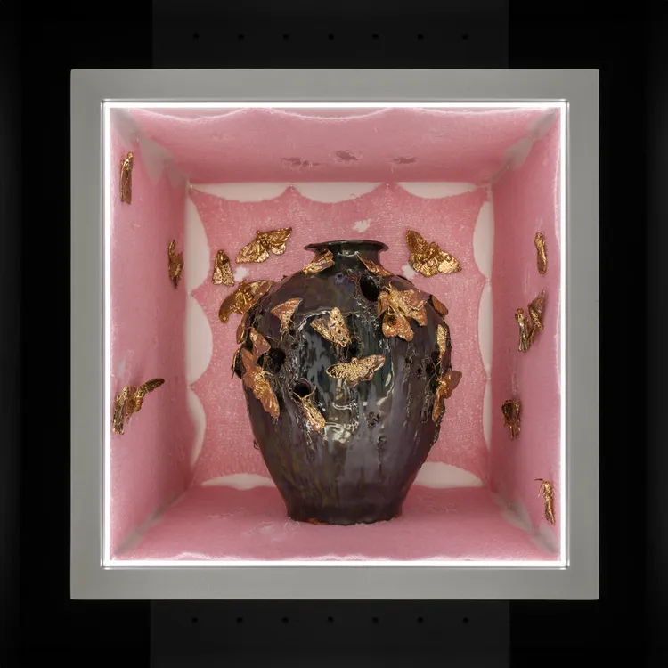A dark ceramic vase adorned with gold butterfly decorations, placed inside a shadow box with pink walls and lit from above.
