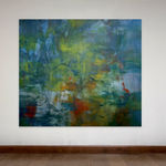 A colorful abstract painting hanging on a wall with various shades of green, blue, and hints of red and orange.