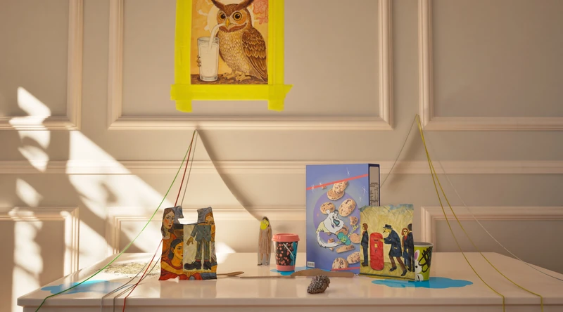 A tabletop display featuring various colorful items including books, figurines, and cans. There are strings crisscrossing the surface, with a framed picture of an owl on the wall behind. Light casts shadows across the scene.