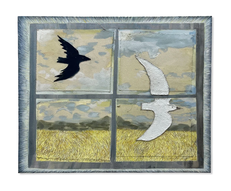 A framed artwork featuring a window divided into four panels, two with birds in flight against a cloudy sky, and two depicting fields. One panel shows a black silhouette of a bird and another features a white bird. | 2026 Cedric Bardawil
