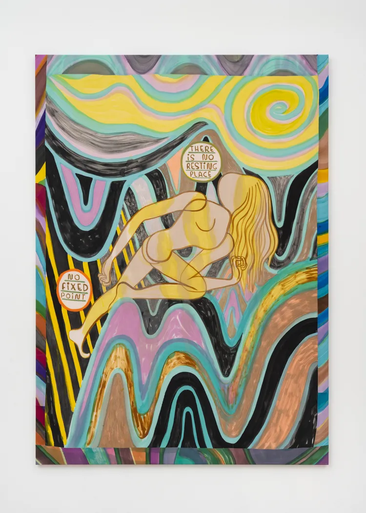 A colorful abstract painting featuring a nude figure surrounded by wavy, vibrant patterns and shapes. Text elements include "THERE IS NO FIXED POINT" and "NO FIXED POINT".