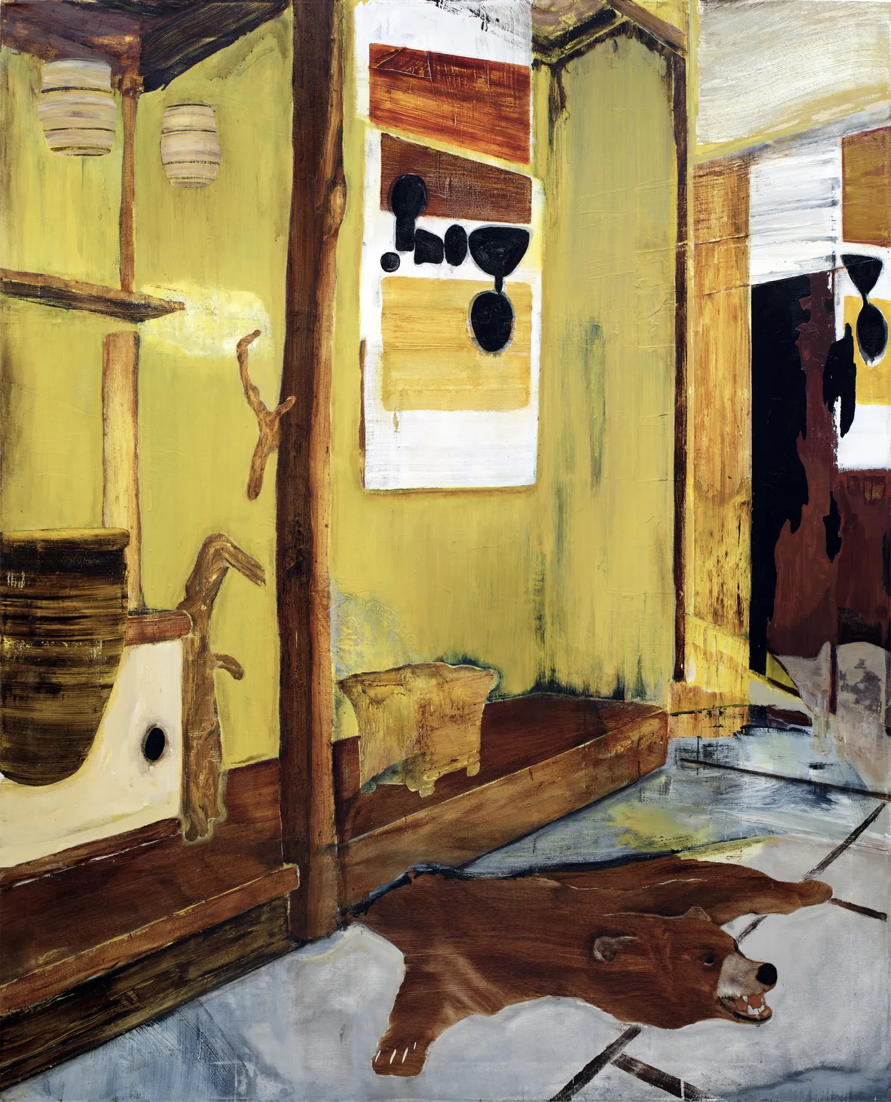 A colorful interior scene featuring a yellow wall, wooden furniture, and a bear skin rug on the floor. Various abstract shapes are displayed on the wall.