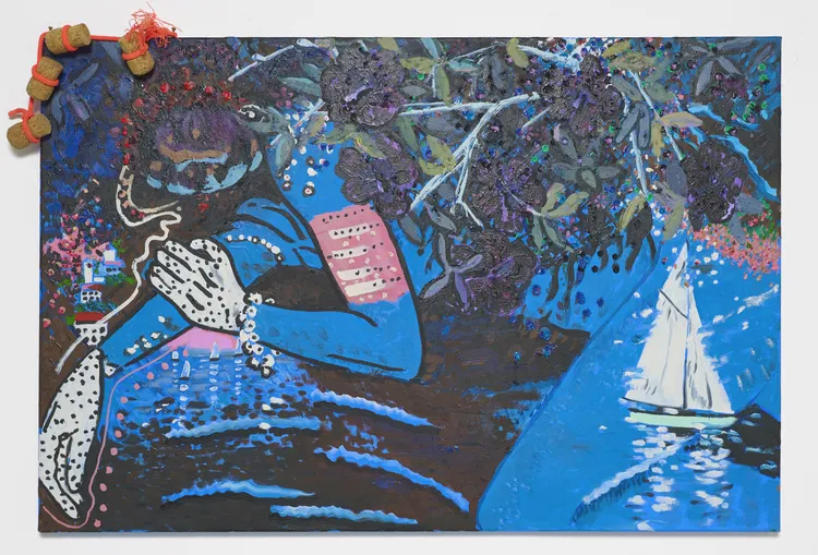 A colorful and abstract artwork featuring a figure with dark hair and blue attire, surrounded by foliage and water, alongside a small sailboat in the background.