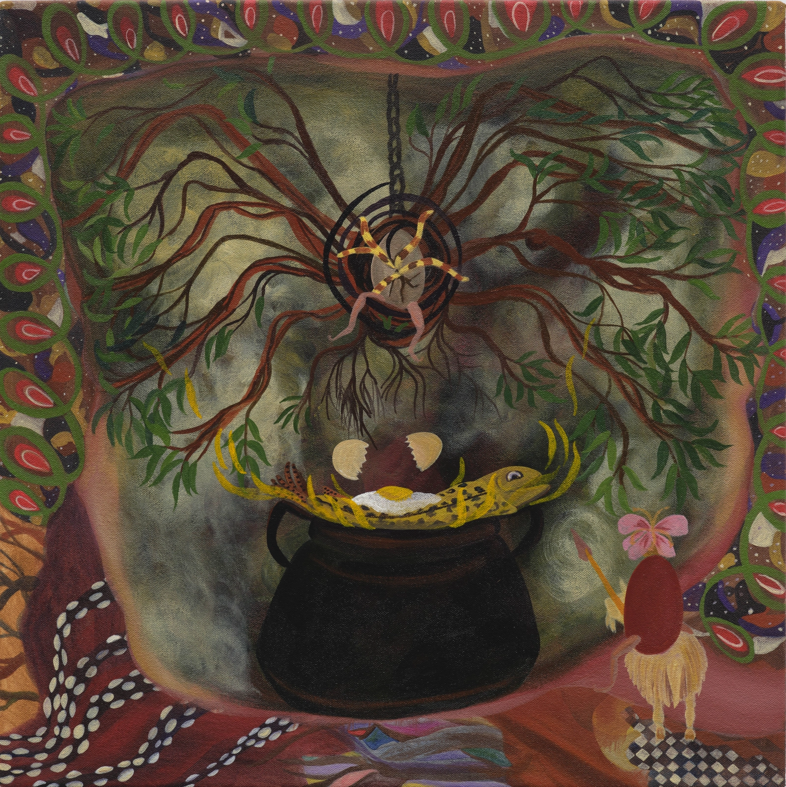 A surreal painting featuring a cauldron surrounded by vibrant foliage and roots. A spider hangs from above, and inside the cauldron, there are birds nestled in a nest. The background is decorated with colorful patterns and elements suggesting fantasy or folklore.
