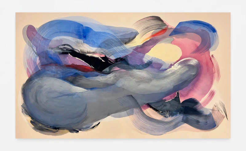 Abstract painting with swirling colors of blue, gray, pink, and black.
