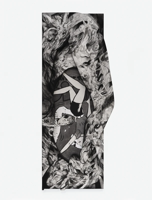 A black and white abstract design featuring an illustrated figure in the center, surrounded by swirling, chaotic elements.