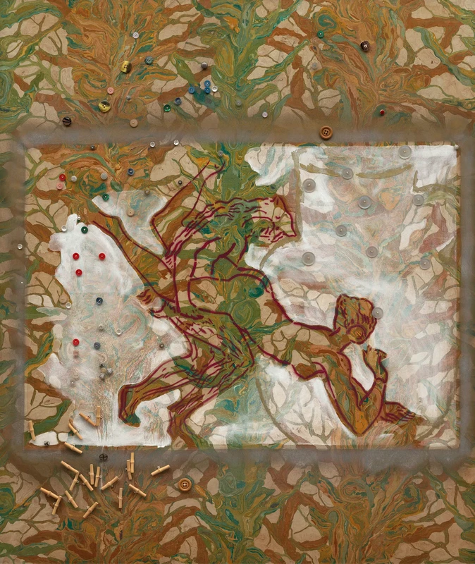 A stylized depiction of two figures engaged in a dynamic pose, surrounded by abstract patterns and textures in earthy tones.