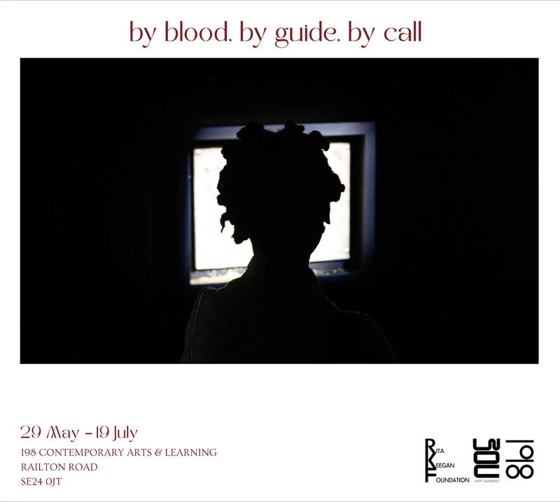 An artistic image featuring a silhouette of a person with textured hair, standing in front of a window. Text on the image reads: "by blood. by guide. by call" along with exhibition details.