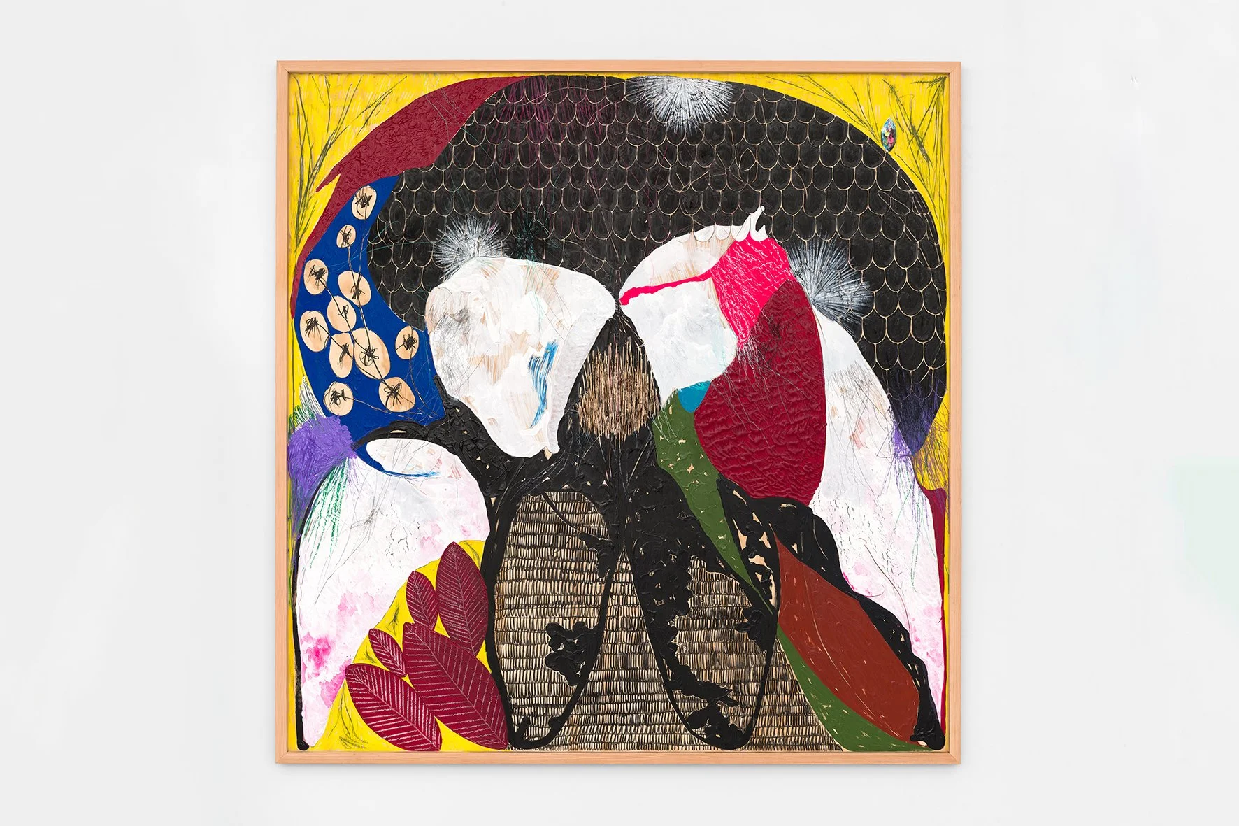 A colorful abstract artwork featuring two figures with a mix of textures and patterns, surrounded by stylized leaves and circular shapes against a vibrant yellow background.