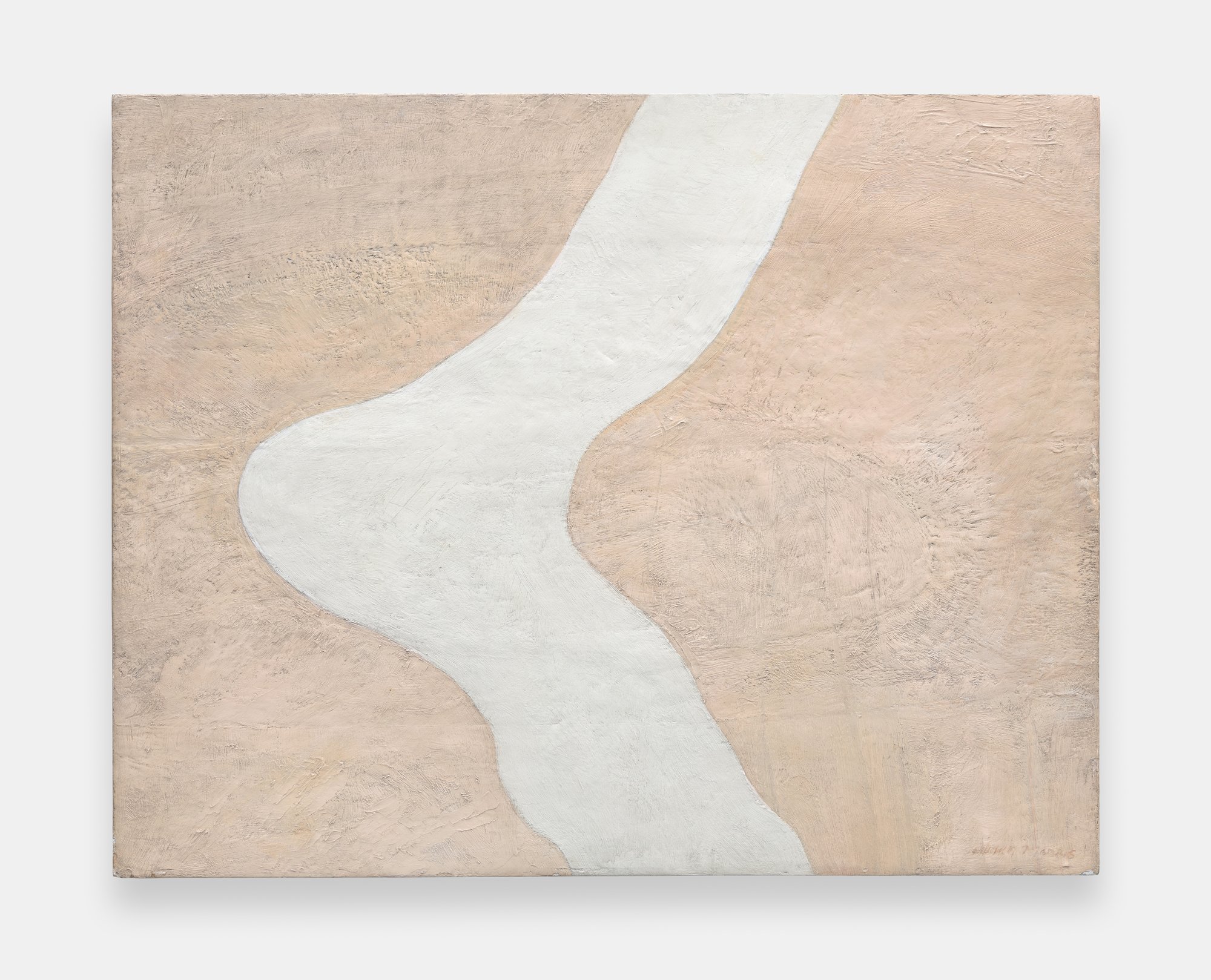 Abstract artwork featuring a soft, curving line in white on a textured, peach-colored background.