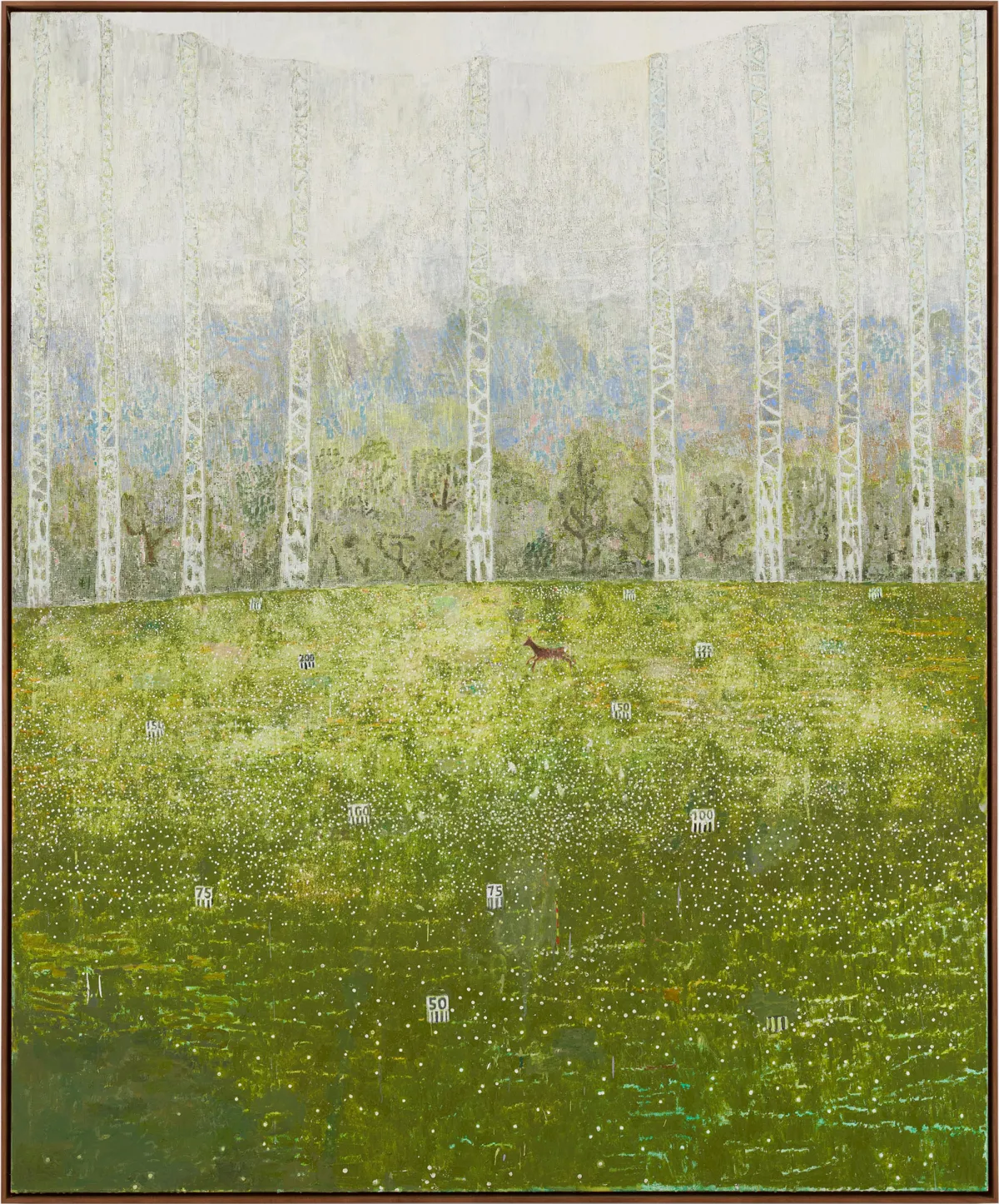 A landscape painting featuring a grassy field with scattered floral elements, set against a backdrop of tall structures resembling radio towers, under a hazy sky. A small figure, possibly an animal, is seen in the distance.
