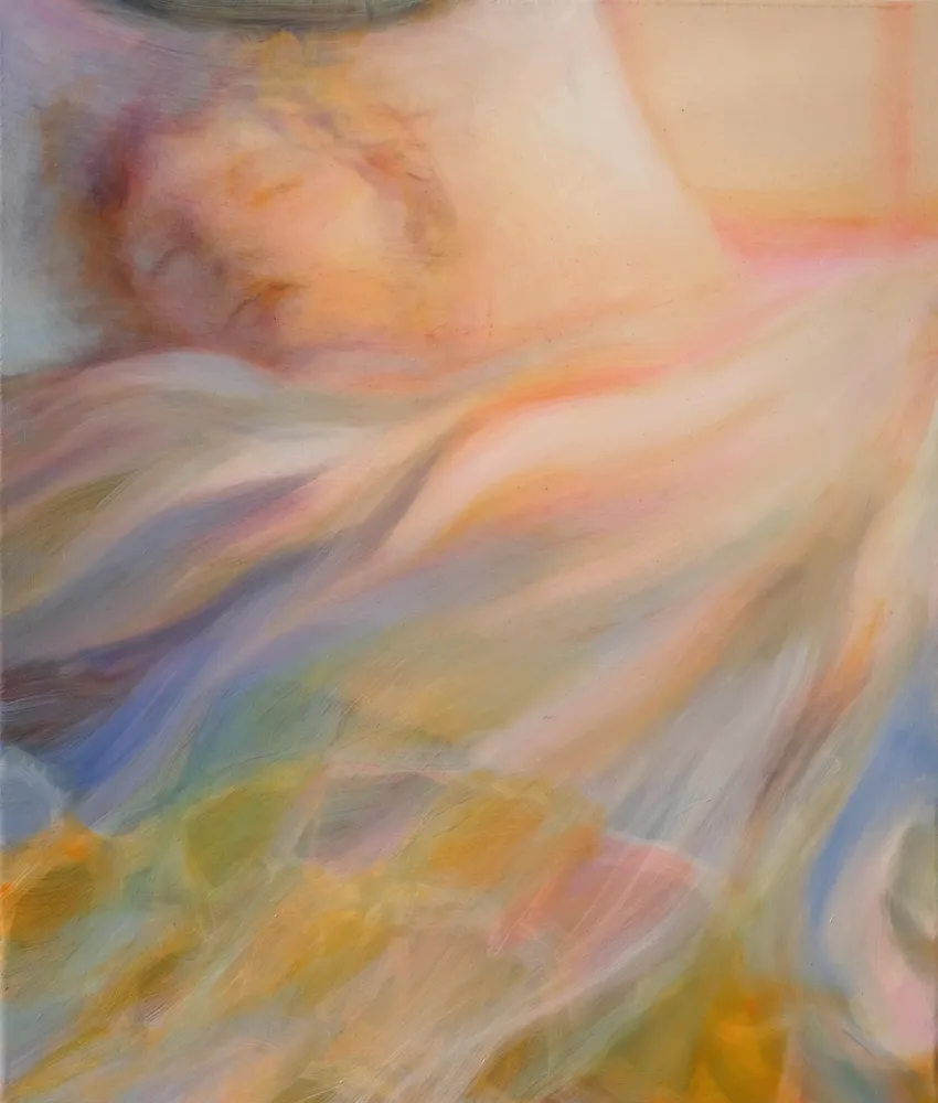 Abstract painting featuring soft, blurred colors and flowing shapes.