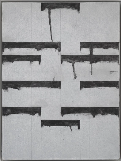 A textured abstract painting featuring predominantly gray and black colors with vertical and horizontal lines, creating a pattern that suggests depth and dimension. The surface has areas of dripping paint, adding a dynamic quality to the overall composition.