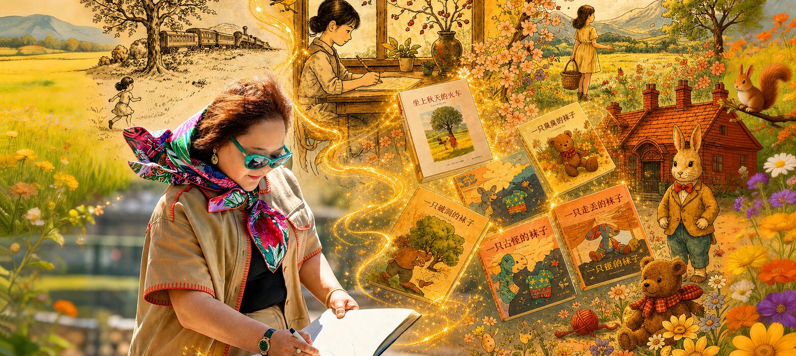 A woman with sunglasses is reading a book in the foreground, surrounded by vibrant illustrations of nature and various storybooks. The background features scenes of rural landscapes, a woman writing at a desk, and images of teddy bears and a rabbit in an idyllic setting.