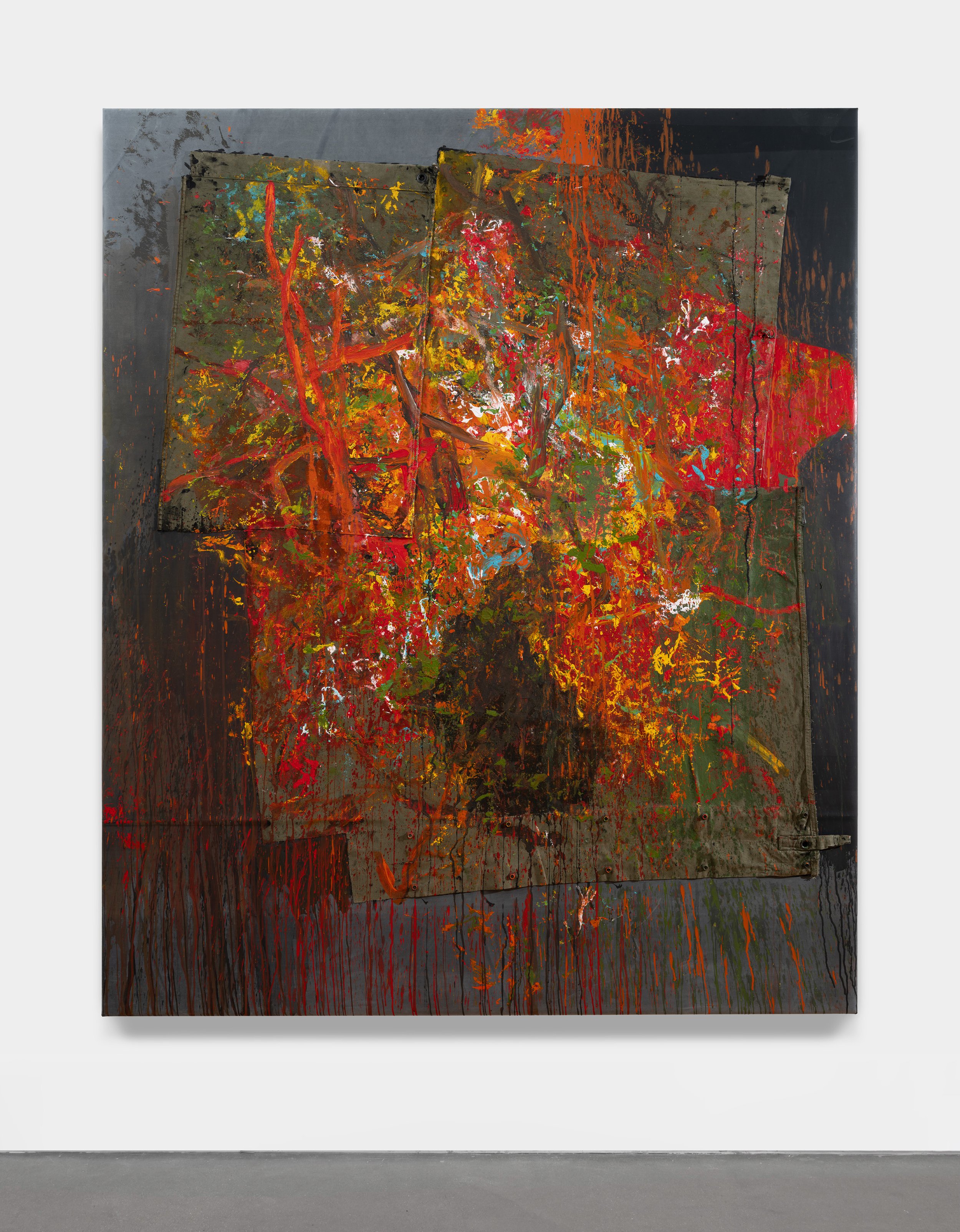 An abstract painting featuring vibrant colors like red, orange, and yellow against a dark background, with splashes and drips adding texture.