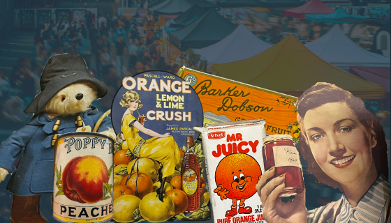 A collection of vintage food and beverage advertisements, including a cartoon orange character, a lady holding a drink, and various product labels featuring fruits.