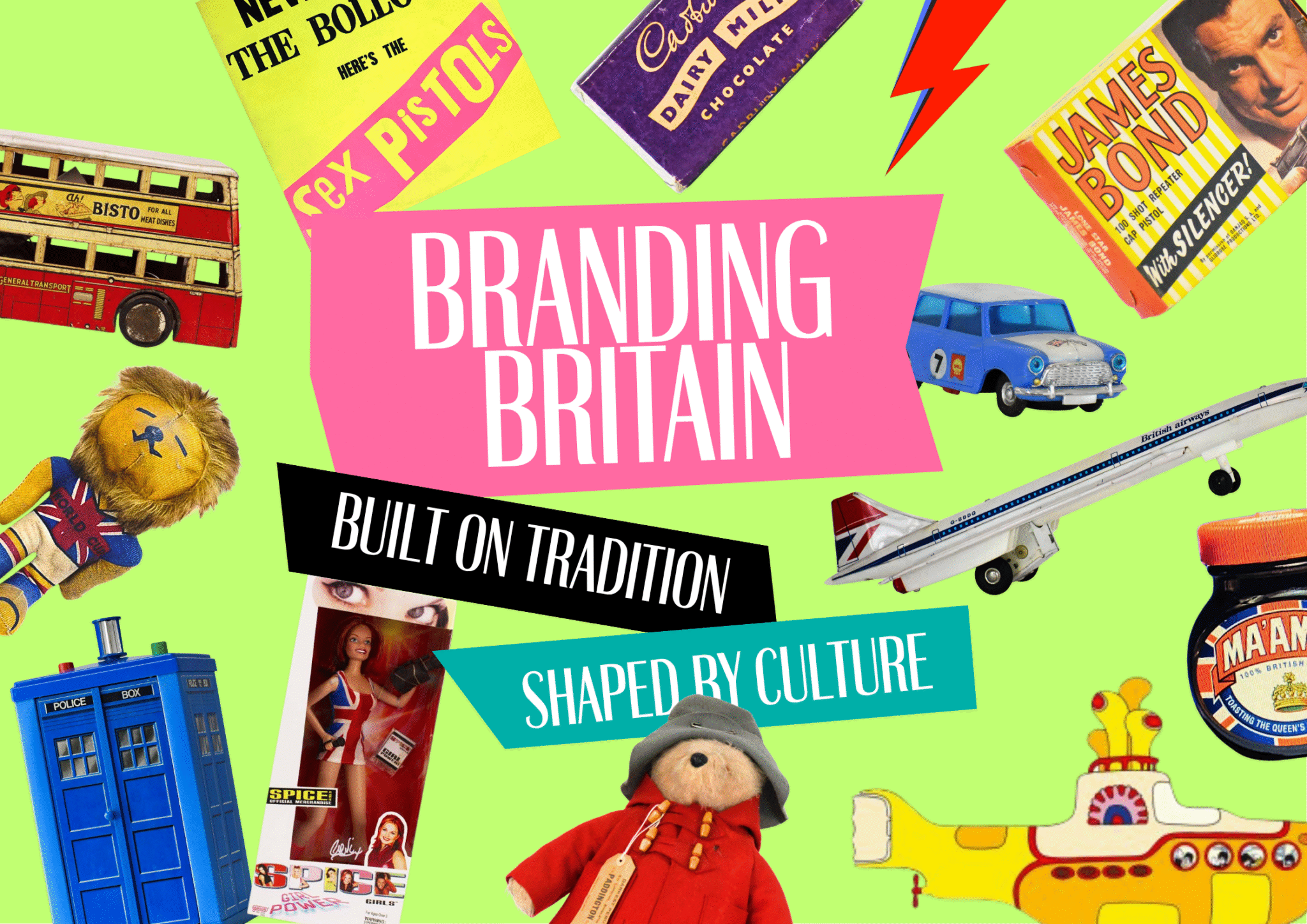 A colorful collage representing British culture, featuring iconic items like a double-decker bus, the Sex Pistols logo, a lion wearing a Union Jack scarf, James Bond references, and various other cultural symbols. The central text reads "Branding Britain" with subtext "Built on Tradition" and "Shaped by Culture."