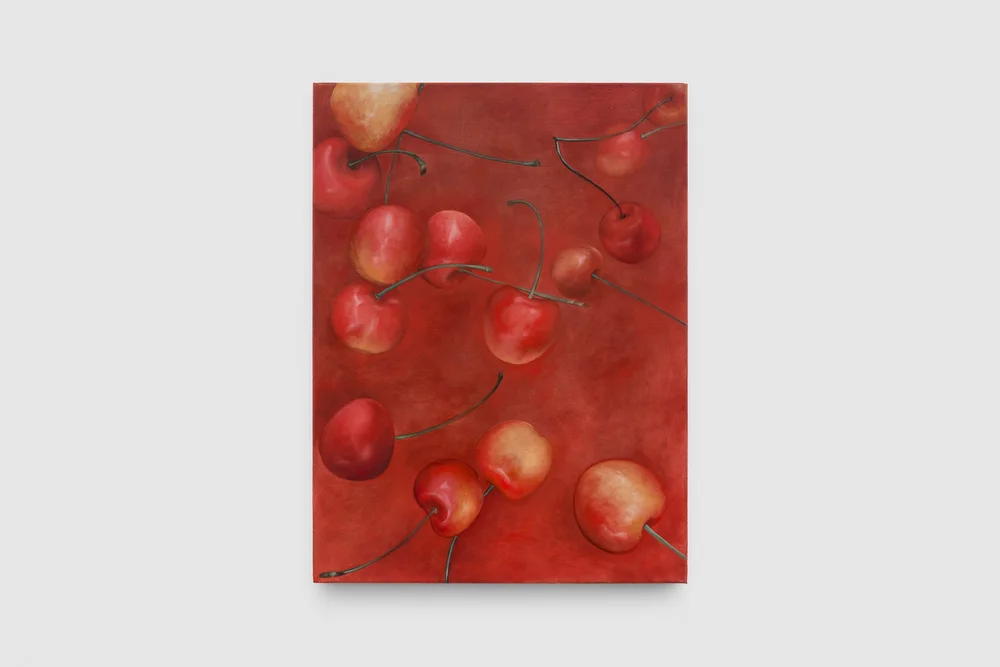 A painting featuring a cluster of cherries against a red background.