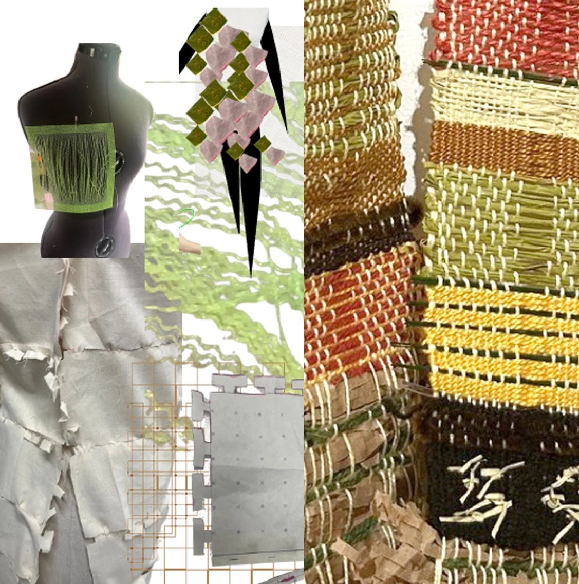 A collage featuring various textures and weaving patterns, including textile samples and a mannequin adorned with fabric strips.