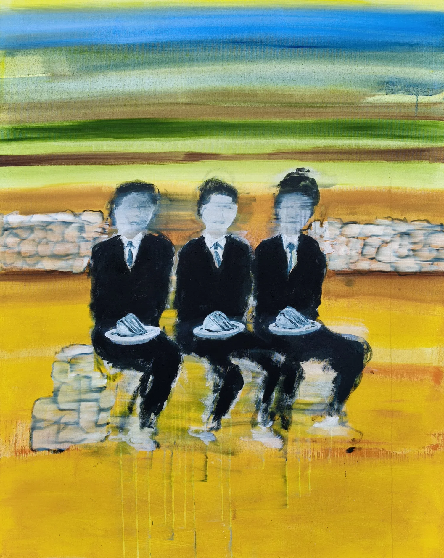 Three figures in dark suits sitting on a bench, holding plates, with a vibrant yellow and green background.