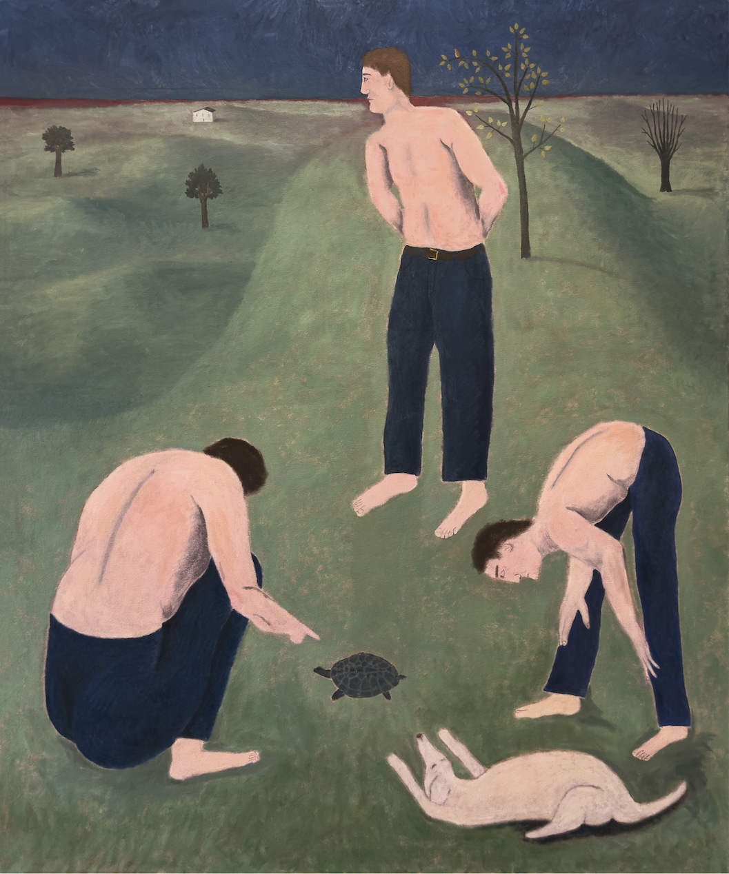 Three shirtless figures are kneeling on a grassy landscape, interacting with a turtle on the ground. One figure is leaning forward while another points at the turtle; the third figure, a little further back, is watching. Nearby, a dog lies on its back with its paws in the air. The background features rolling hills and sparse trees under a darkening sky.