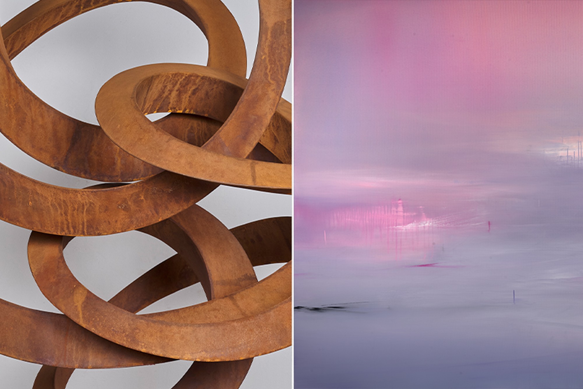Abstract wooden sculpture on the left and a soft, pastel-colored abstract painting on the right.