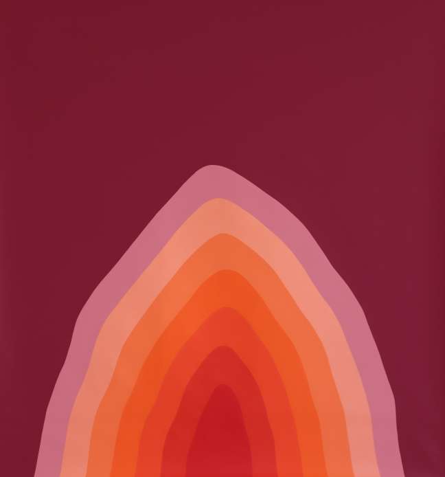 Abstract design featuring layered shapes in shades of pink, orange, and red against a dark red background.