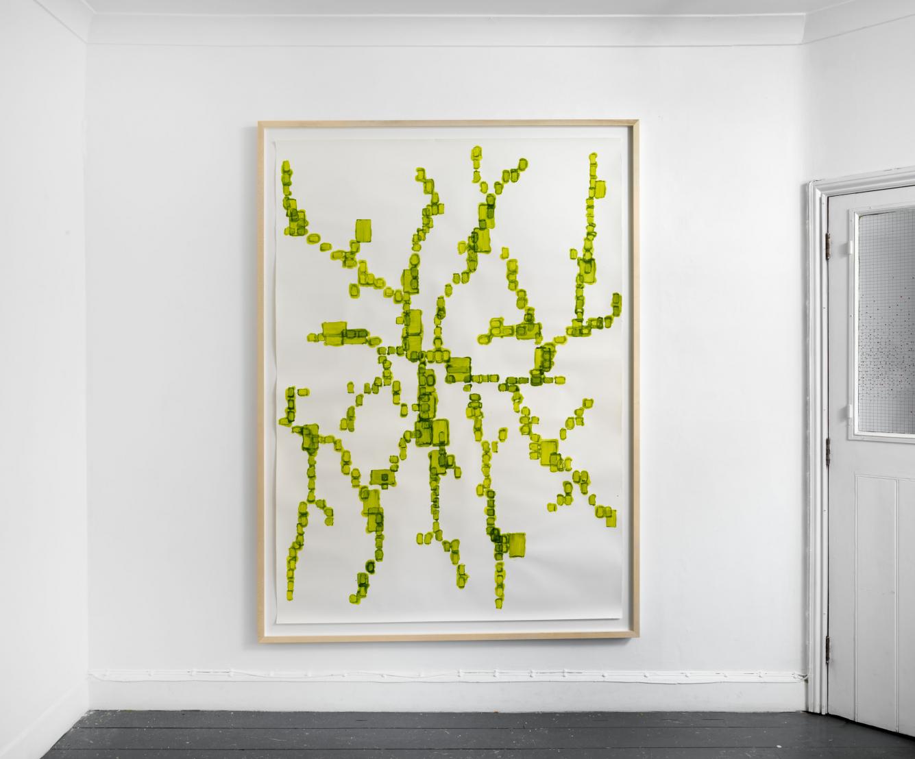 Abstract artwork displaying a network of intertwined green shapes on a white background, framed and hung on a wall.