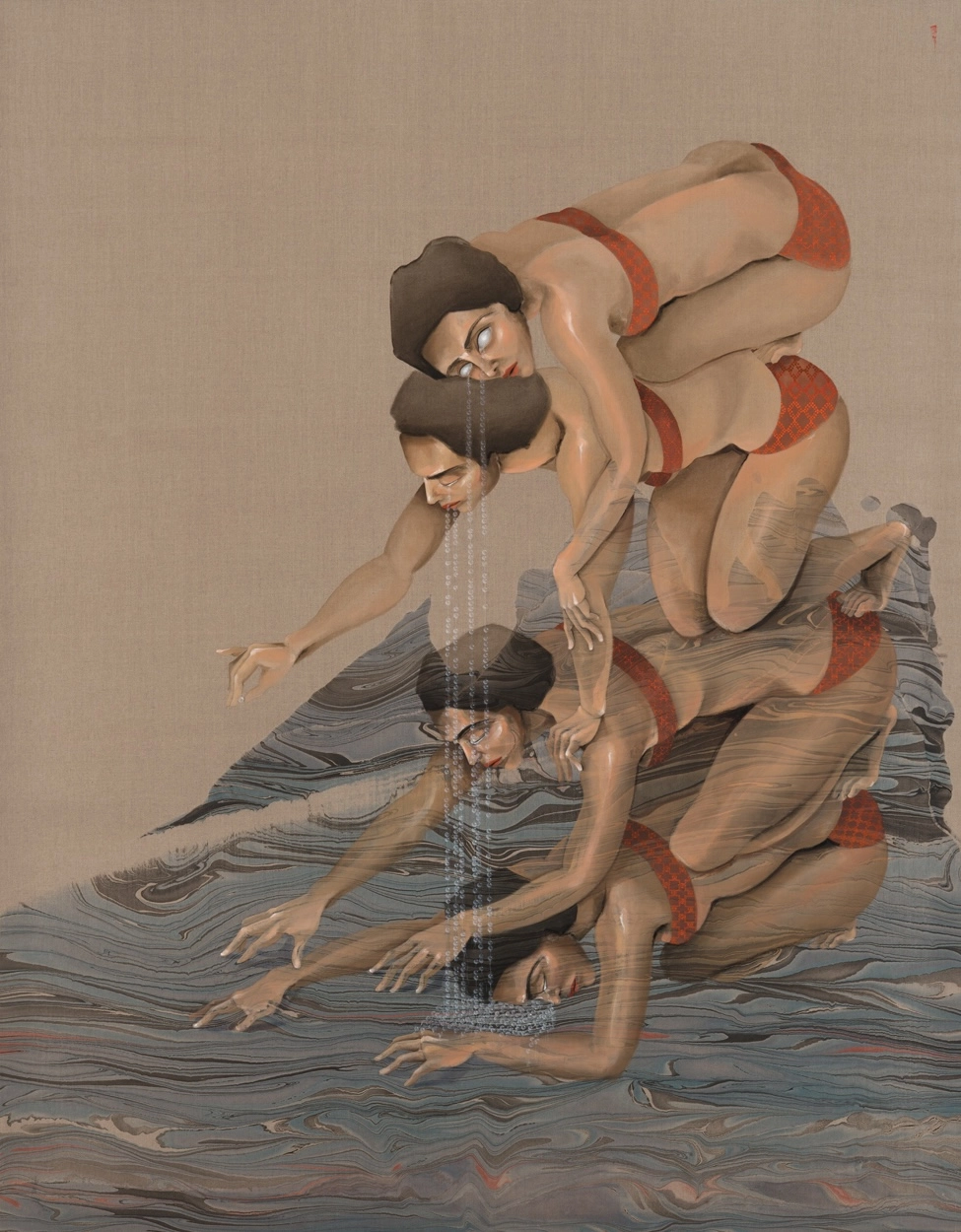 A surreal depiction of three women in swimsuits, positioned in a stacked formation on a flowing, abstract surface that resembles water. The figures appear to be reaching downward, with water-like elements cascading from above. | 2026 Pilar Corrias