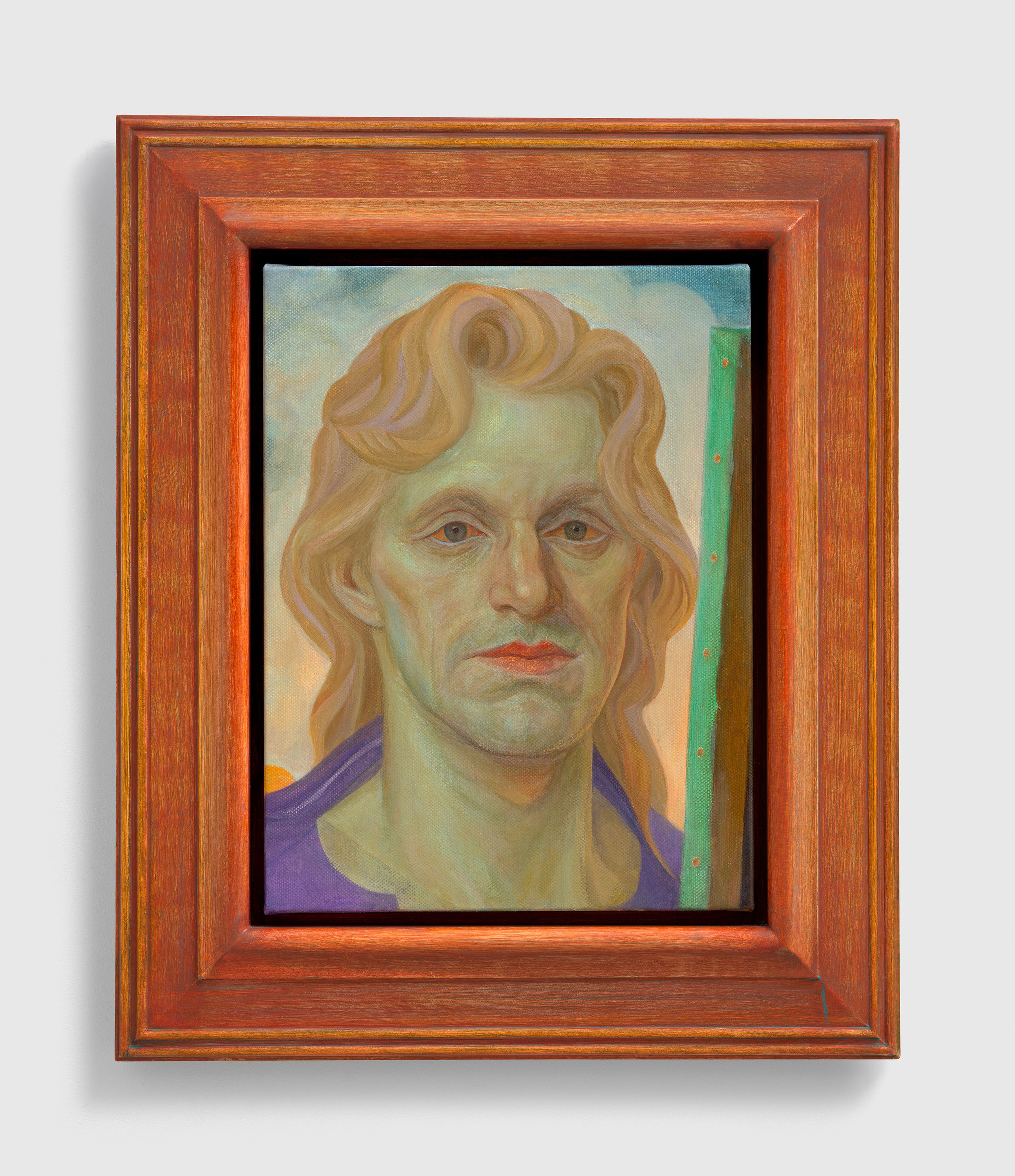 A portrait of a man with long, blonde hair, dressed in a purple shirt, holding a green object, framed in a wooden frame.