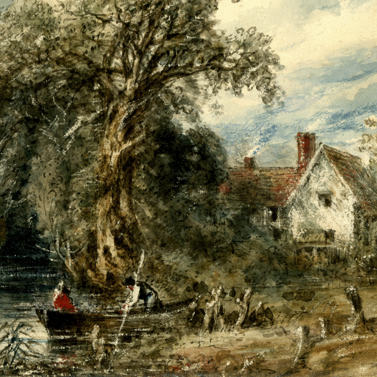A scenic landscape painting featuring a boat on a river near a large tree and a house, with figures in the boat and along the riverbank.