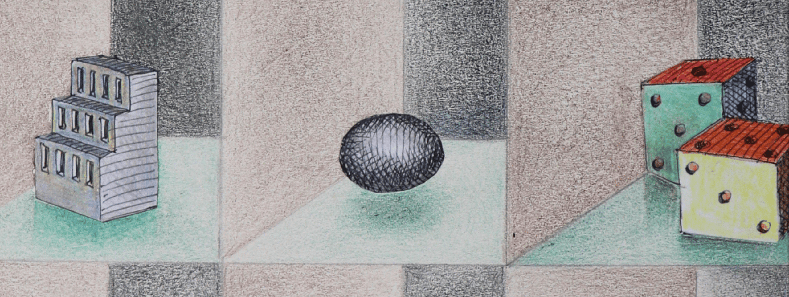A drawing depicting three panels with different geometric shapes: stacked blocks on the left, an oval object in the center, and two cube-like structures on the right.