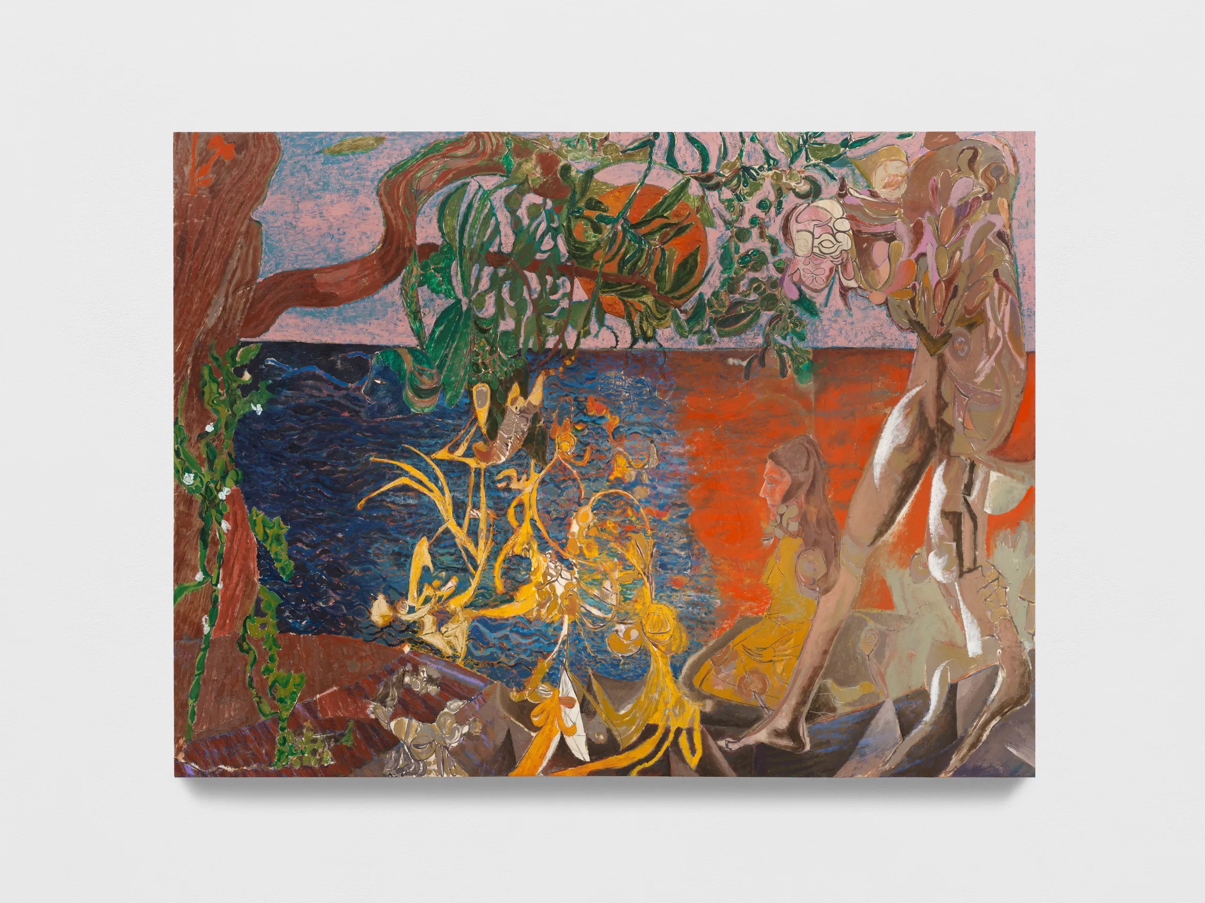 A colorful painting featuring abstract figures, vibrant plants, and a water scene with a blend of warm and cool tones.