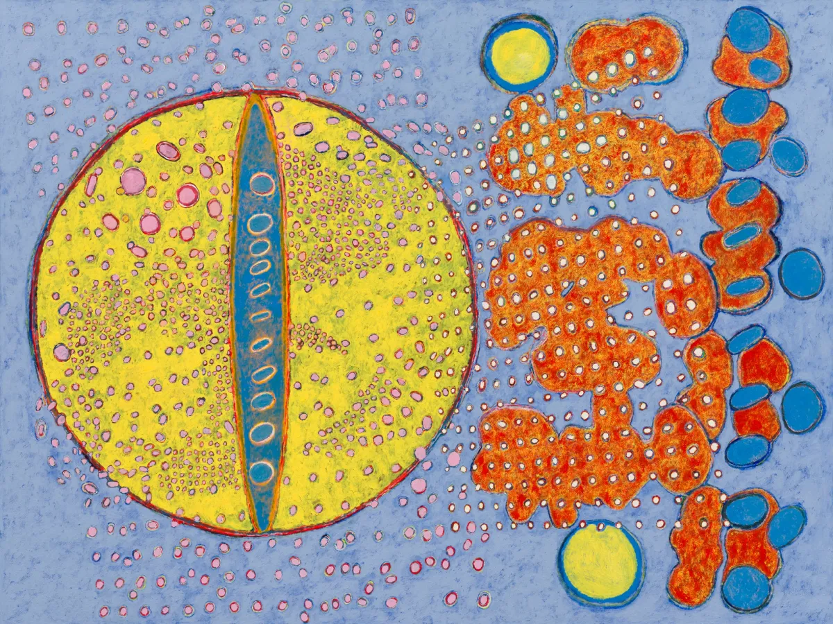 An abstract illustration featuring a large yellow circle with a blue vertical stripe and various colorful shapes and dots in orange, pink, and blue against a light blue background.