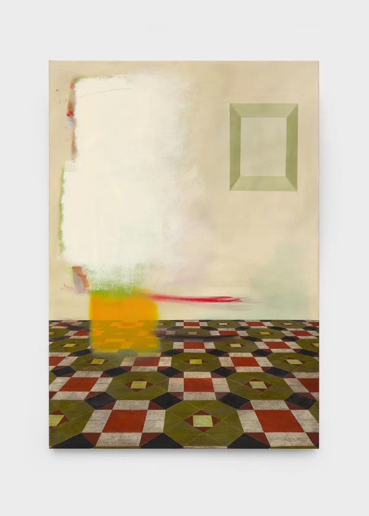 An abstract painting featuring a blurred area of white, orange, and green colors, set against a background of a patterned floor with geometric shapes in various colors. A green rectangular frame is outlined on the wall.