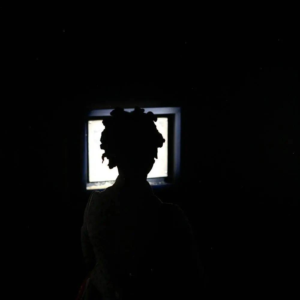 A silhouette of a person with curly hair, standing in front of a brightly lit window in a dark room.