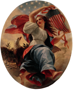 Painting of a woman in flowing dress holding an American flag shield, with an eagle and stars in the sky behind her.