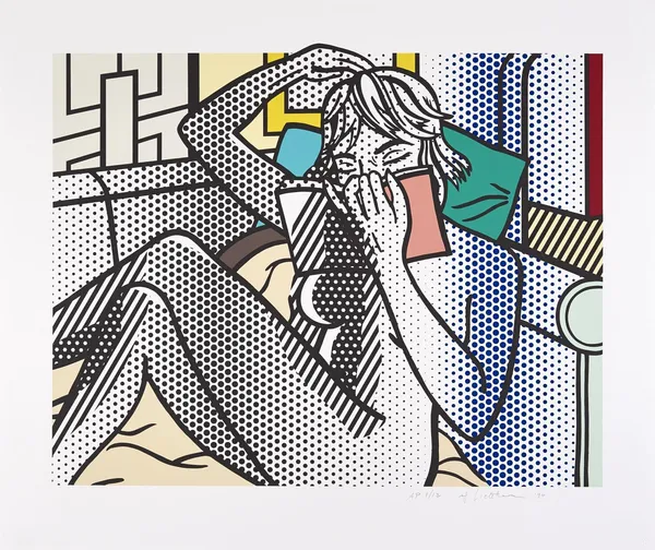 A woman sitting on a bed, partially covered, holding a book to her face, in a comic book style with bold lines and dots.