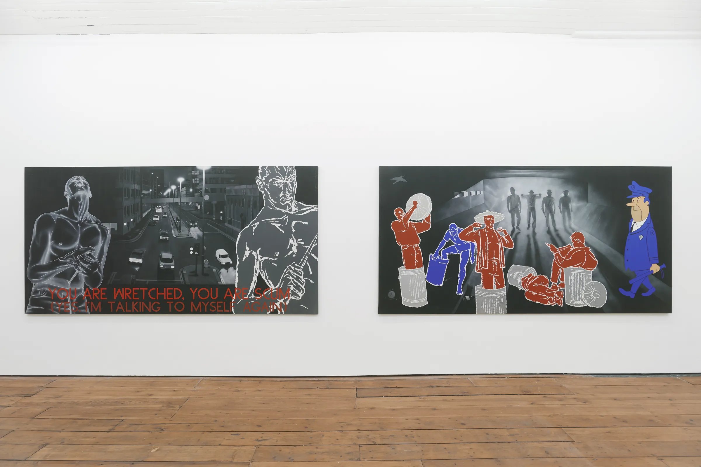 Two artwork panels displayed on a white wall. The left panel features figures in a cityscape with text overlay, while the right panel depicts colorful characters interacting with various objects.