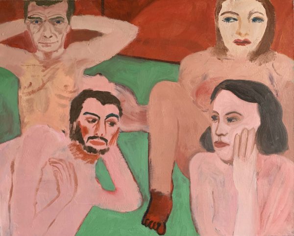 Four figures in a nude group, with two men and two women, sitting and reclining on a green surface against a red background.