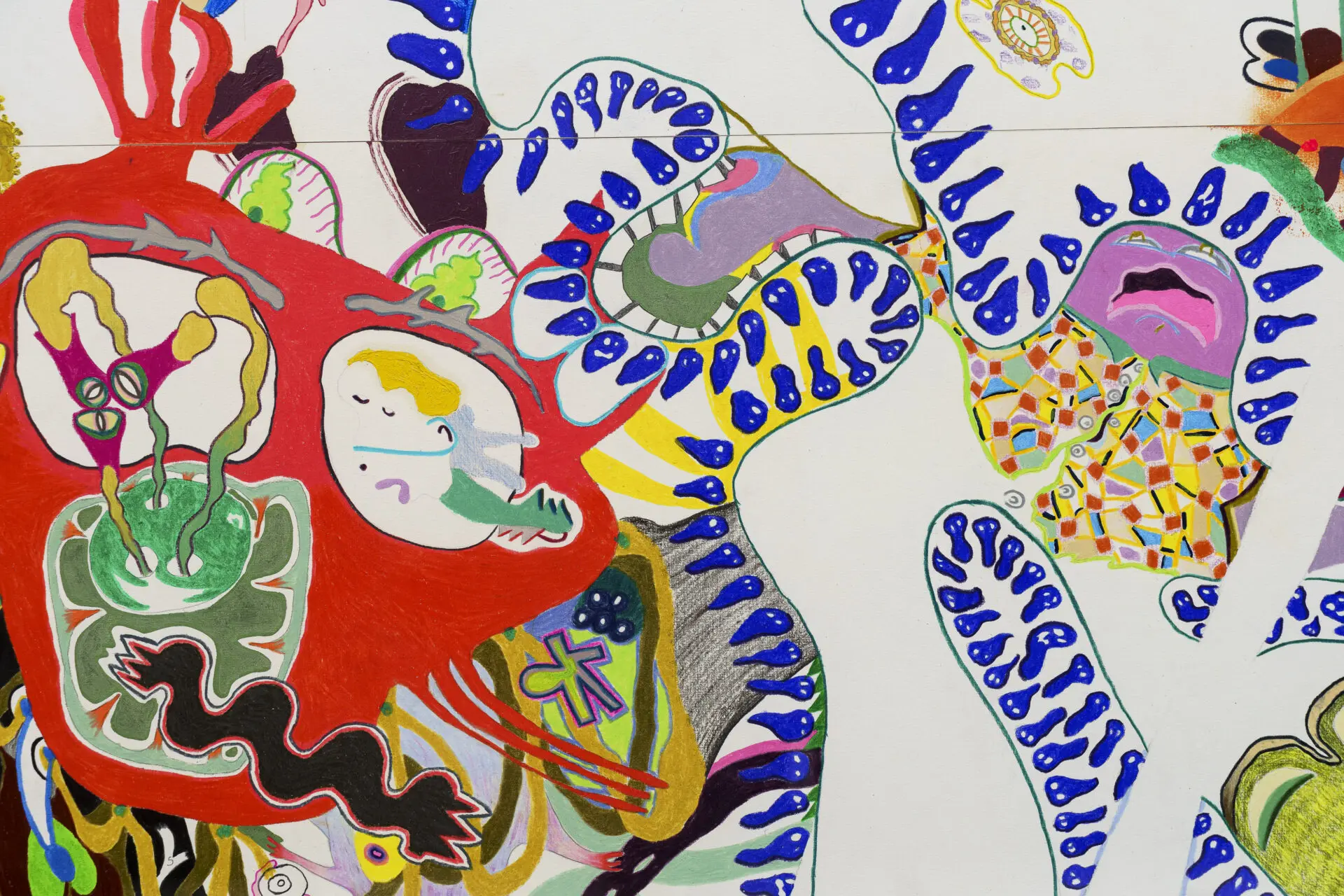 Colorful abstract illustration featuring various shapes and patterns, including faces and organic forms.