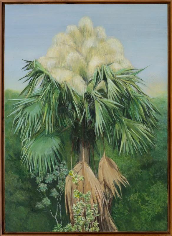 A painting of a tall palm tree with lush green leaves and a cluster of cream-colored flowers at the top, set against a green forest backdrop.