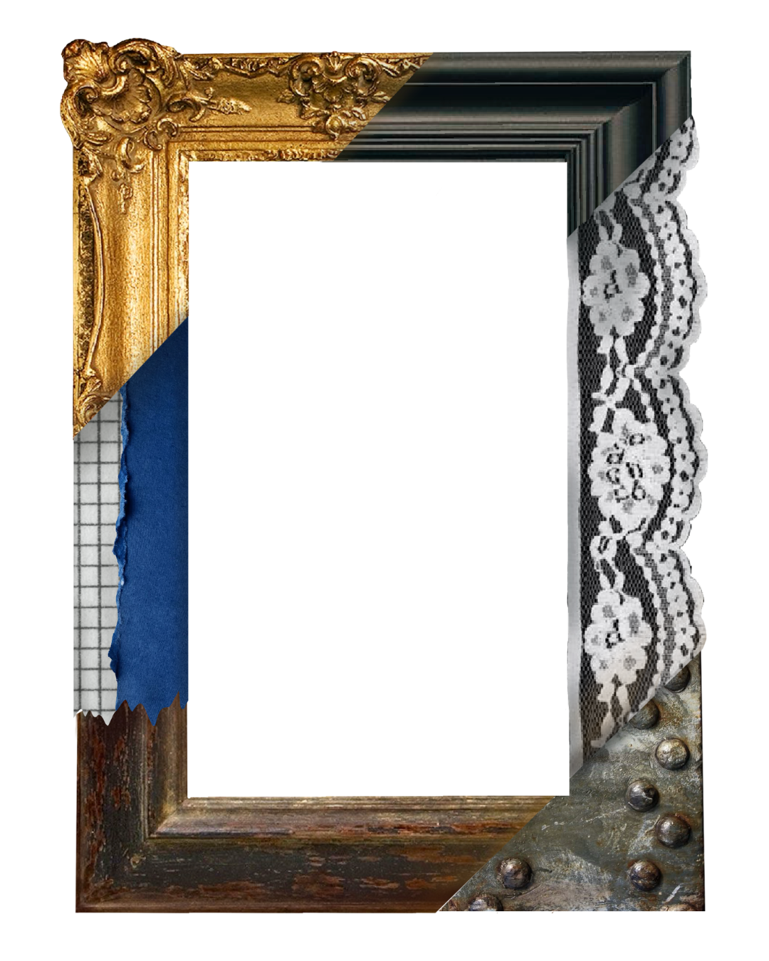 A collage of various picture frames, including ornate gold, black, and rusty metal styles, with a blank white center.