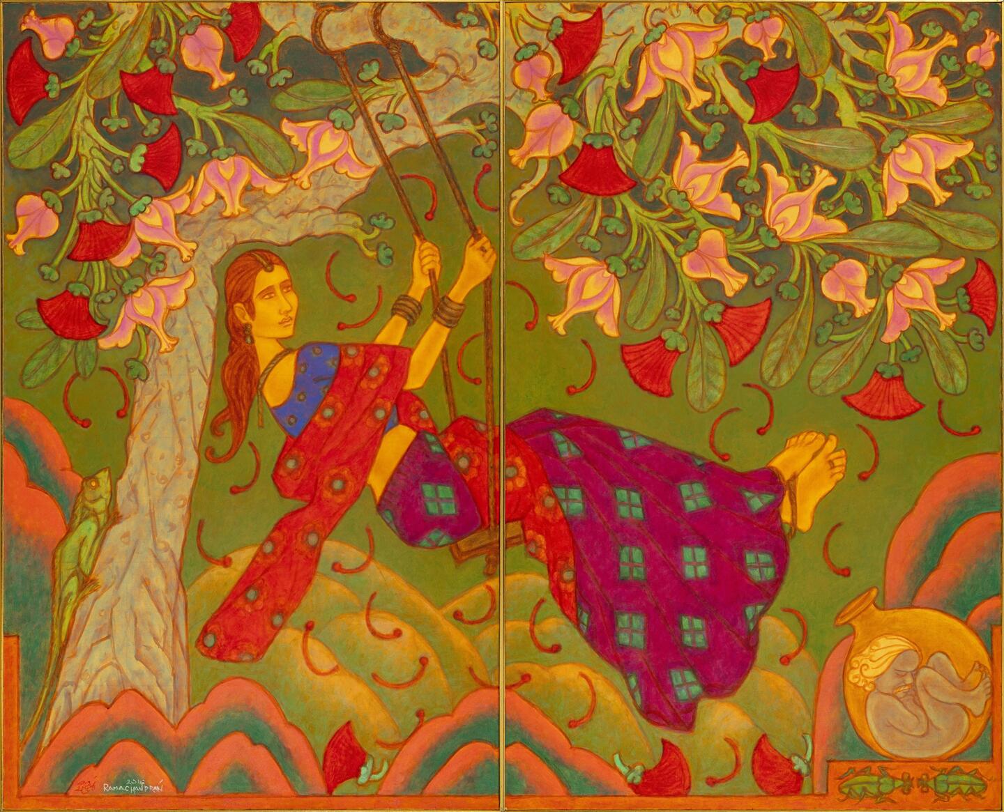 A colorful painting depicting a woman in traditional attire swinging from a tree, surrounded by flowers and lush greenery.