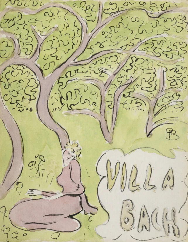 A woman in a pink dress sits on grass with trees around her, and the words "VILLA BACH" are written in the bottom right corner.