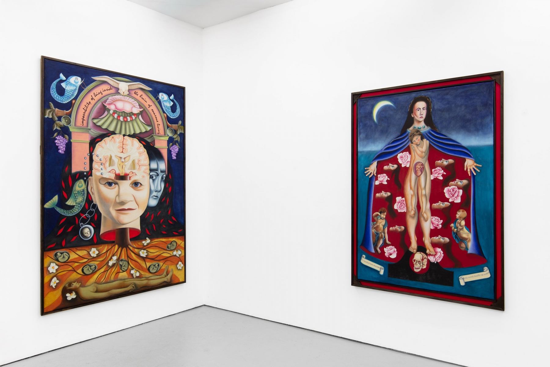 Two colorful paintings in a gallery setting, one depicting a human head with various elements and symbols, and the other showing a figure with anatomical details surrounded by flowers and animals.