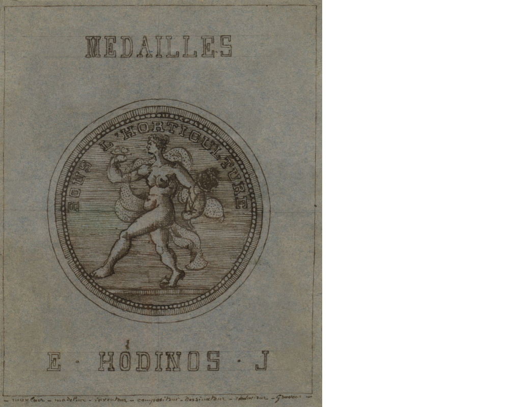 Illustration of a medallion featuring two figures, with the text "MEDAILLES" at the top and "E. HODINOS J." at the bottom.